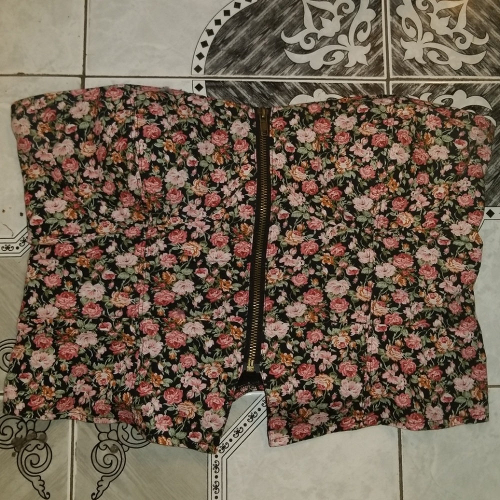 Full Tilt Zip Up Floral Bustier Smocked Back L NEW